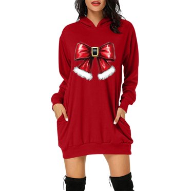 TJAZFJPA Robe de Demoiselle d'Honneur Bleu Marine Mode Automne et Hiver Décontractée Imprimé de Noël Chandail à Capuche à Manches Longues avec Poche Robe Chandail Robe Médiévale Femmes