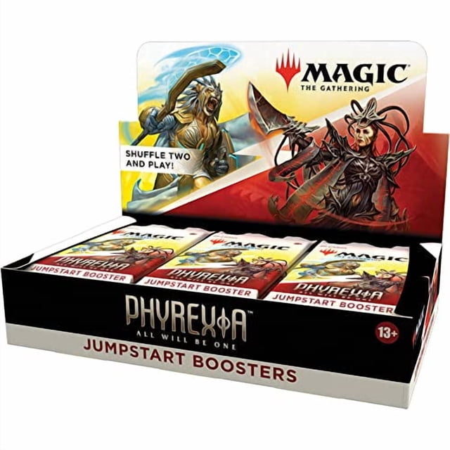 Magic: The Gathering Phyrexia: All Will Be One Jumpstart Booster Box containing 18 packs with a total of 360 Magic cards. The box features vibrant artwork of characters from the Phyrexia set and is displayed in an open, retail-ready format. Suitable for ages 13 and up.