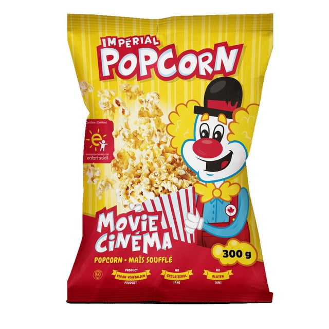 Imperial Popcorn Movie Style Popcorn 300g bag with yellow and red packaging featuring a cartoon clown holding a striped popcorn box, gluten free, cholesterol free, vegan, and kosher snack ideal for sharing during movie nights and casual gatherings.