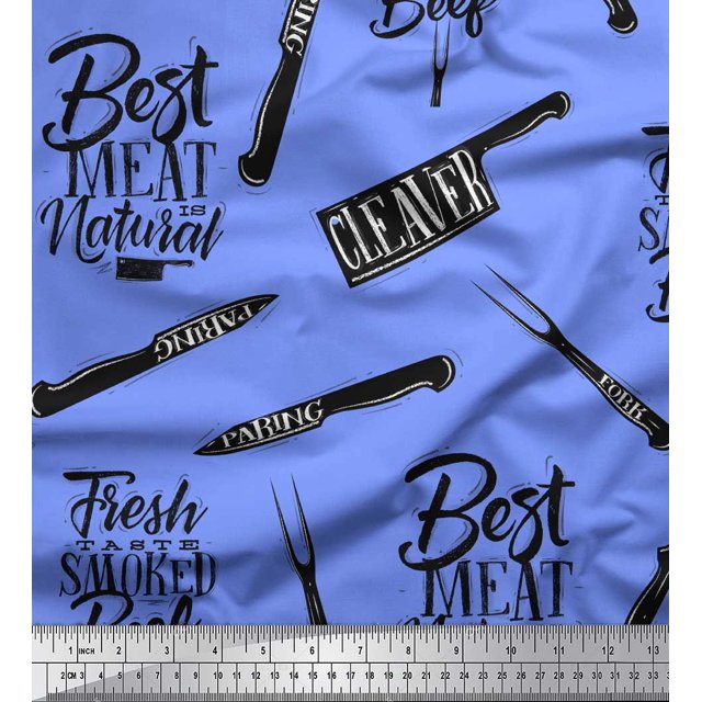 Soimoi Blue Rayon Crepe Fabric Text & Knife Kitchen Print Fabric by the Yard 46 Inch Wide