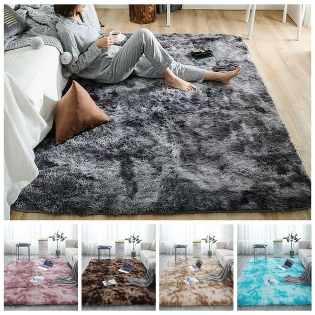 Super Soft Long Plush Gradient Non-Slip Area Rugs by Lucoss, displayed in a living room with a cozy ambiance. The rug has a rectangular shape, a plush polyester blend surface, and a gradient design. Features include non-slip backing and environmentally friendly dyes. Available in sizes like 40 x 60cm, 50 x 80cm, and 120 x 160cm, and various colors. Suitable for living rooms, bedrooms, playrooms, and yoga rooms.