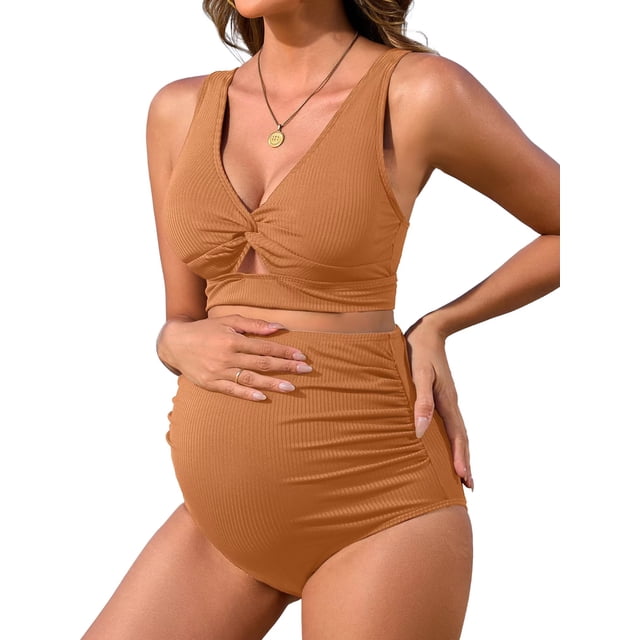 Charmo V Neck Maternity Swimsuits Ribbed Twist Front Bikini Sets High Waist Pregnancy Bathing Suits for Womens