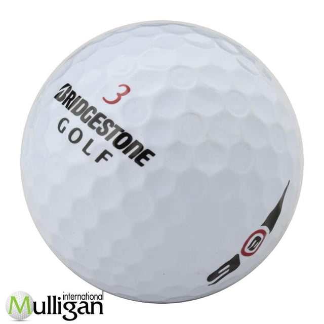 Mulligan - 36 Bridgestone e6 5A Recycled Used Golf Balls, White, close-up of a white golf ball featuring Bridgestone Golf logo and red number 3, with dimpled surface designed for excellent tee-to-green distance, soft feel, and near-green control in golf.