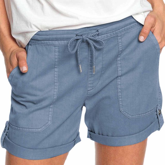 Plebaso 2025 Womens Drawstring Casual Shorts Elastic Waist Roll up Solid Color Summer Shorts with Pockets