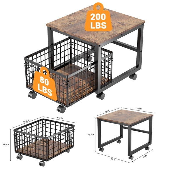 Heavy Duty Movable Mini Fridge Stand with Rolling Drawer Basket – Lockable Wheels – Robust Metal & Wooden Frame – Multi-Functional Storage Table – For Kitchen, Bedroom, Office – 54x50x45.7cm – Black