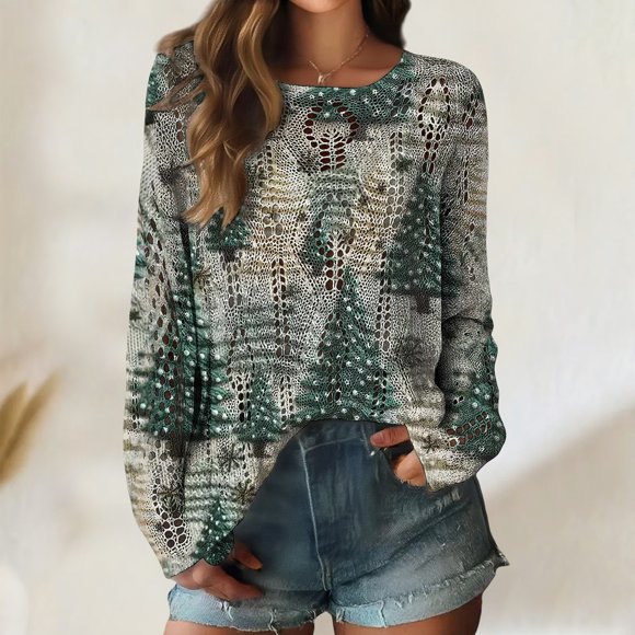 Fall Sweaters for Women Dressy Women's Plus Size Christmas Hollow Out Pullover - Snowflake/Tree Pattern Soft Winter Holiday Casual Knit Top