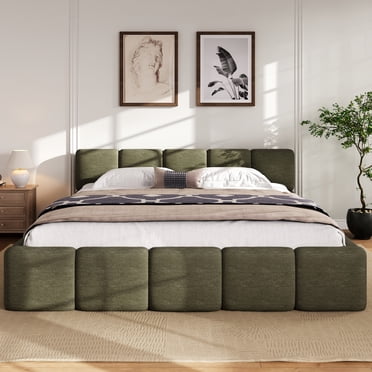 Noble House King Size Linen Upholstered Platform Bed,Thickened Headboard & Footboard,Block Style with Durable Wood Frame,Green