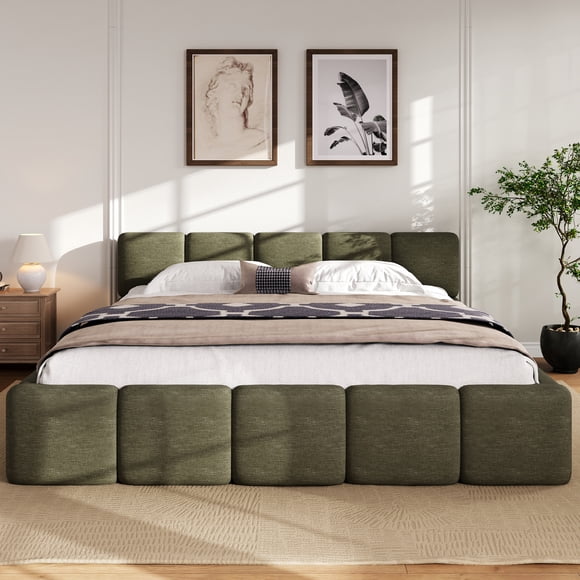 Noble House King Size Linen Upholstered Platform Bed,Thickened Headboard & Footboard,Block Style with Durable Wood Frame,Green