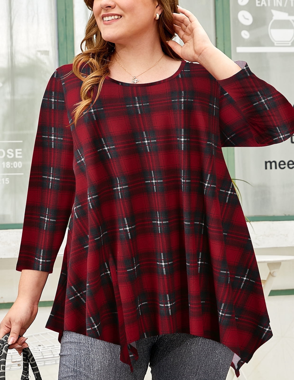 LARACE Haut Tunique Ample Décontracté à Manches 3/4 pour Femme Grande Taille, Coupe Longue, Bordeaux 3X