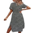 thumbnail image 2 of Femmes Bouton vers le Bas Midi Robe à Manches Courtes Imprimé Floral Ceinture en Vrac Robe Chemise Jaune M, 2 of 8