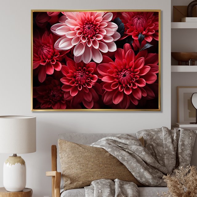 Designart Mums framed wall art decor, Mums framed wall Art, Enchanting Black Mums , Multi-Color Large Traditional Gold framed wall art, 20x12 inches Gold Frame