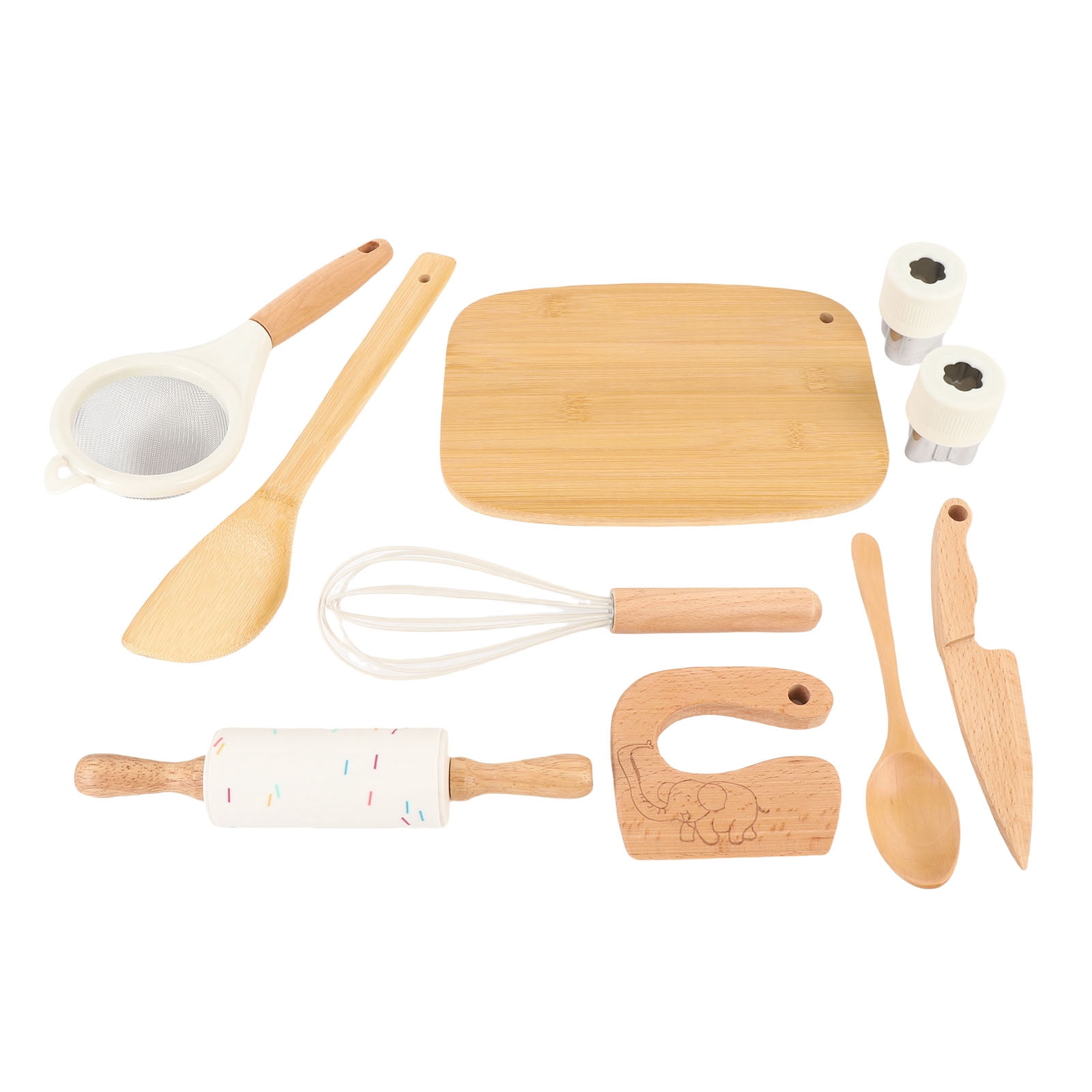 10PCS Wooden Play Kitchen Accessories Toys with Chopping Board Spoon Shovel Pretend Cookware Cooking Utensils Play Set