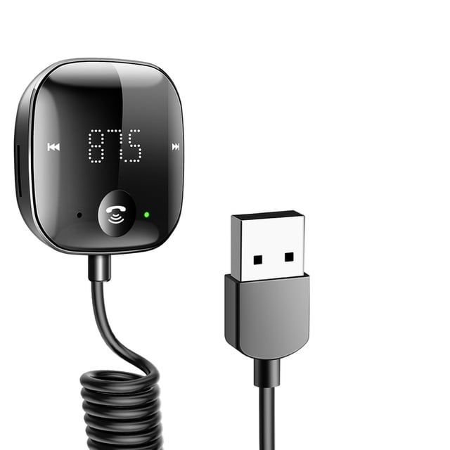 Gadpow Wireless FM Transmitter Bluetooth 5.0 Car Audio Transmitter featuring a compact black design with a digital LED display showing '87.5'. Includes a coiled cable and USB connector for power supply. Supports hands-free calling with a built-in microphone, Bluetooth 5.0 connectivity, and a 3.5mm AUX output interface. Compatible with most smartphones and vehicles with 12-24V power systems. Designed for safe driving with easy operation and memory function.