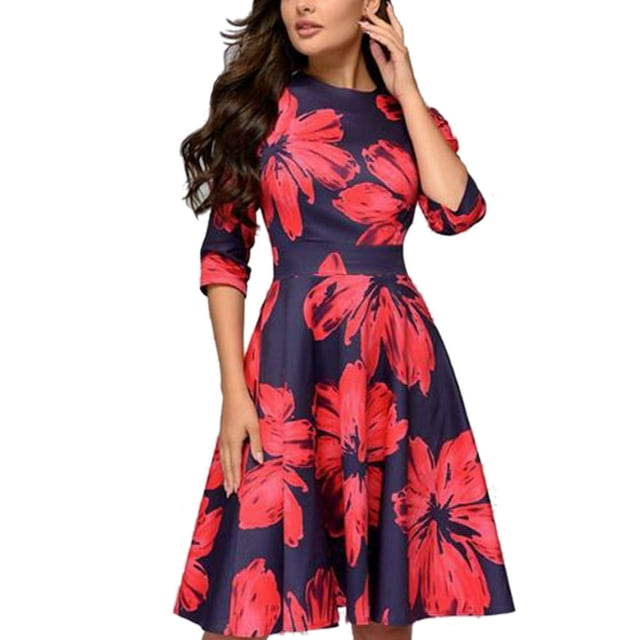 Robe d'Été Vintage pour Femme, Ligne A, Élégante, Imprimé Floral, Taille Haute, Manches Longues, Robe Soleil, Col Rond, Soirée, Grande Taille