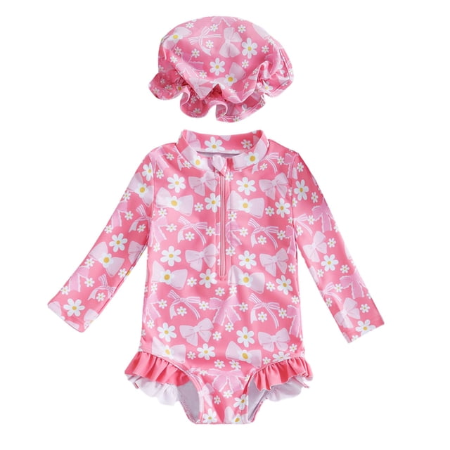 Toddler Girl Rash Guard Bathing Suits Ruffle Floral Pattern Long Sleeve Sun Protection Girls Athletic Bathing Suits 18-24 Months