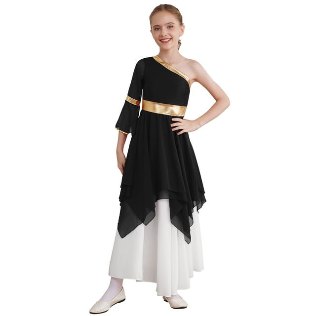 Aislor Robe de Danse Liturgique de Louange Lyrique pour Filles Enfants, Robe de Danse à Blocs de Couleur, Robe de Culte à Ourlet Asymétrique, Noir 6