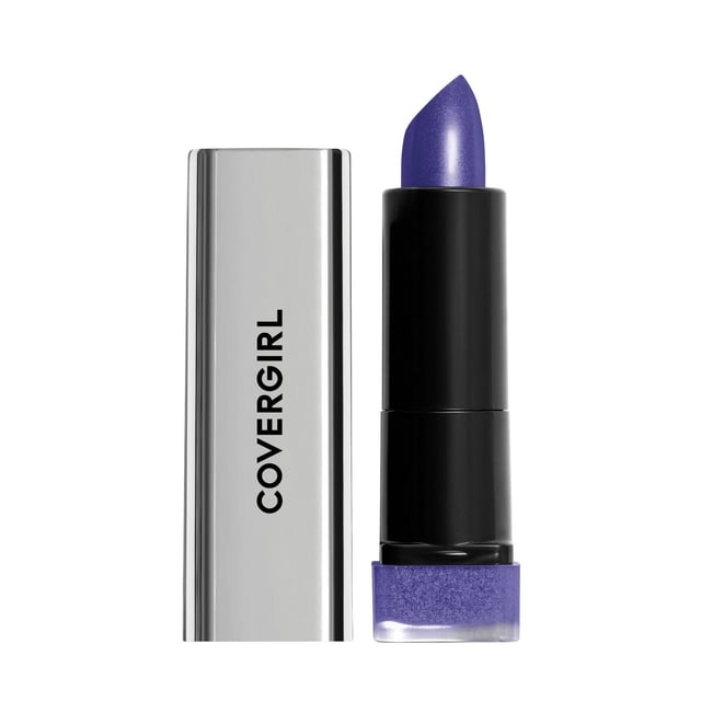 COVERGIRL Exhibitionist Metallic Lipstick in metallic purple with a smooth finish, shown with its silver cap beside the black tube, infused with shea butter for lasting colour and designed to complement various skin tones.