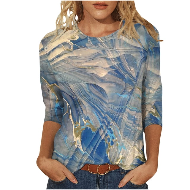 T-shirt Ample Imprimé pour Femme, Blouse à Manches 3/4, Col Rond, Hauts Décontractés