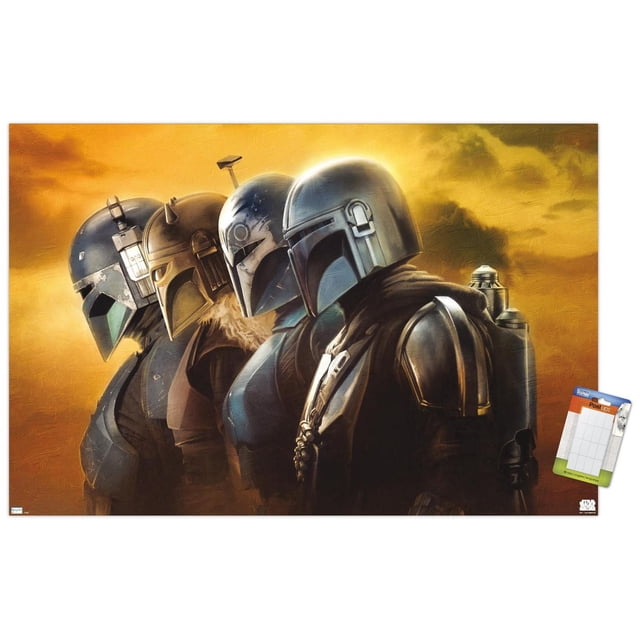 Star Wars : The Mandalorian Saison 3 - Affiche Murale de Casques, 22,375 Po x 34 Po Présentant Quatre Casques Mandalorian à Profil Latéral avec Finitions Métalliques et Tenue de Combat sur un Fond Texturé Chaud Orange-Jaune, Imprimée sur Papier d'Affiche Lustré, Convient à l'Art Mural et à la Déco de Pièce avec Supports Adhésifs Inclus.