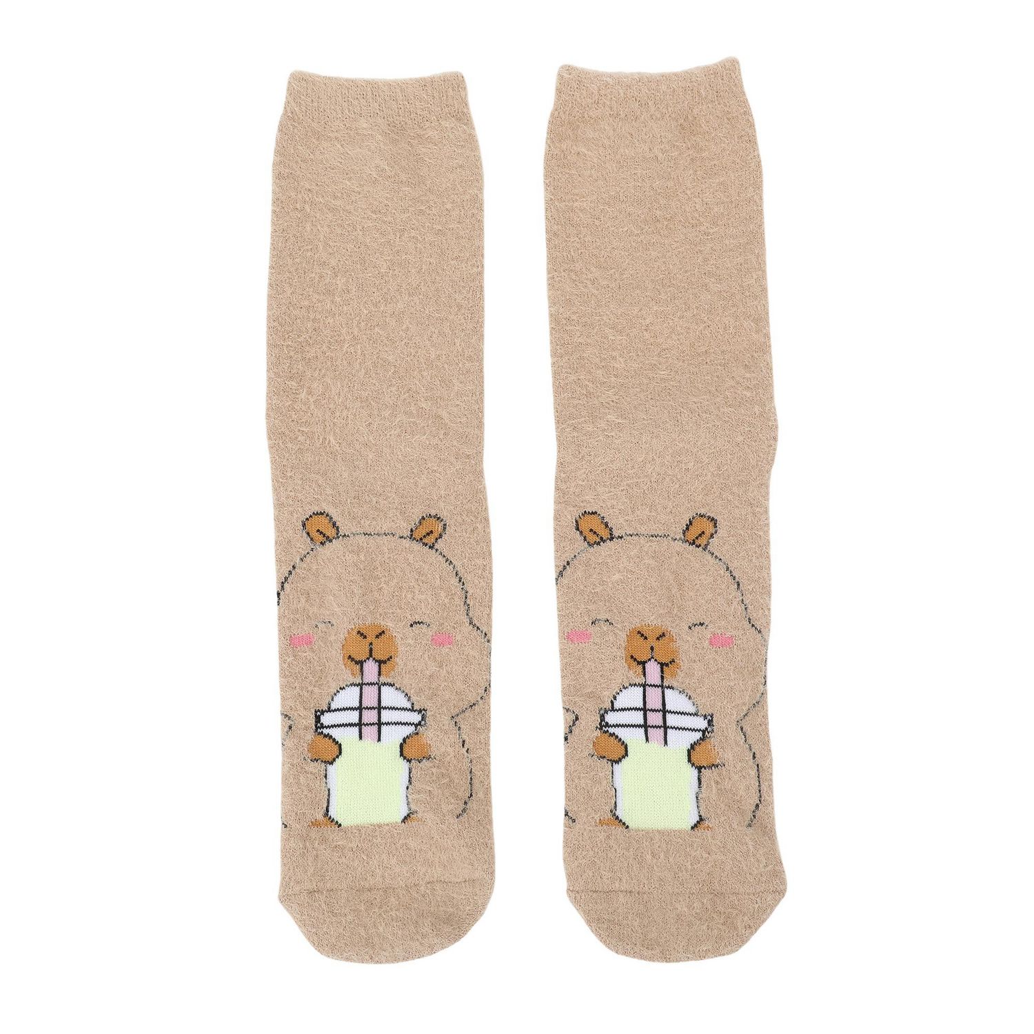 Capyfun Chaussettes Mi-Mollet Douillettes En Peluche Capybara Boba Pour Enfants, Beige, 1 Paire