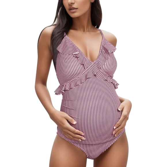 PEASKJP Maternity Ruffle One Piece Swimsuit One Shoulder Ribbed Pregnancy Bathing Suit, Hot Pink L