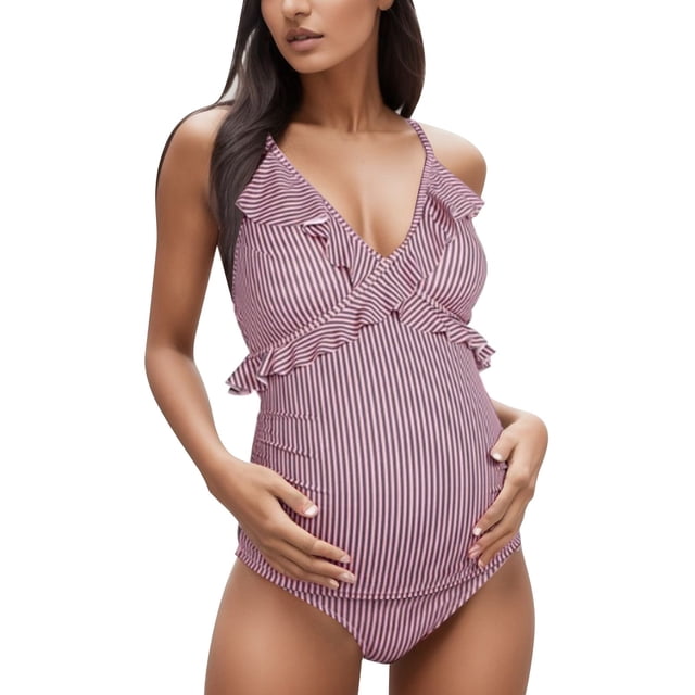 PEASKJP Maternity Ruffle One Piece Swimsuit One Shoulder Ribbed Pregnancy Bathing Suit, Hot Pink L