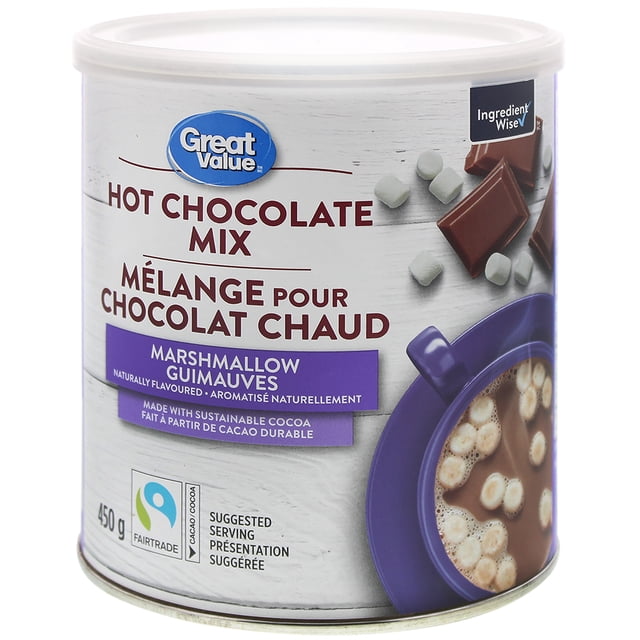 Great Value Marshmallow Hot Chocolate Mix in a 450 g white container with fair trade cocoa certification, showing marshmallows and chocolate pieces on the label and a blue mug filled with hot chocolate topped with marshmallows, ideal for warm drinks made with hot milk or water.