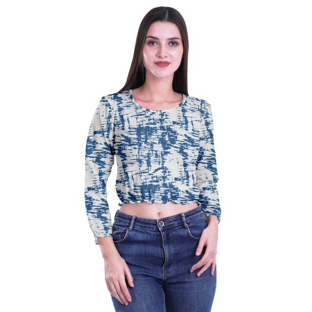 Moomaya T-shirt Court à Manches Longues à Col Rond Imprimé pour Femmes en Jersey de Coton