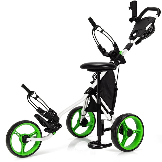 Goplus Chariot de Golf Pliant à 3 Roues Vert avec Cadre en Acier Robuste, Poignée Ajustable et Siège Coussiné. Comprend des Roues Arrière de 10,5 Pouces, Roue avant de 9,5 Pouces, Frein au Pied et Conception Pliable pour un Rangement Facile. Comprend un Porte-Parapluie Ajustable, un Sac de Rangement, un Porte-Boisson et un Tableau de Bord Professionnel. Convient à Divers terrains avec des Roues en EVA Résistantes à l'Usure.
