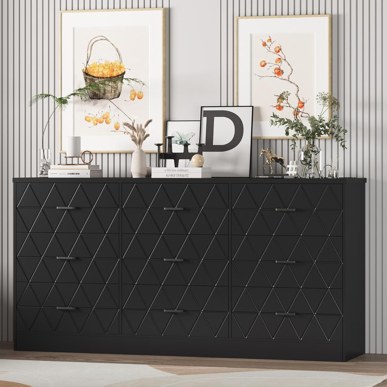 9 Drawer Dresser, 63 in Black Dresser for Bedroom with Power Outlet, Wide Drawer, Dressers & Chests of Drawers, Storage Organizer for Hallway, Living Room