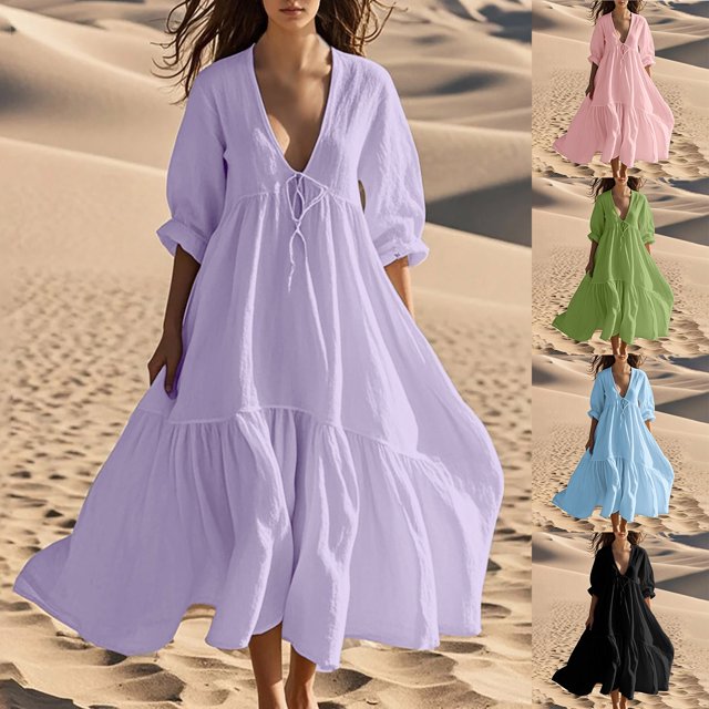 Robes en Coton et Lin pour Femmes 2025 Décontractées d'Été Amples à Manches Courtes Longues Maxi d'Été Plage Évasées Robe Rose