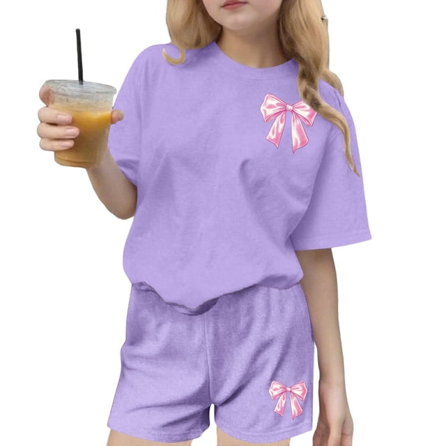 Robe d'Été à Manches Courtes Haut à Manches Courtes et Short Ensemble Deux Pièces pour Enfants Mignonne Détente d'Été Col Rond