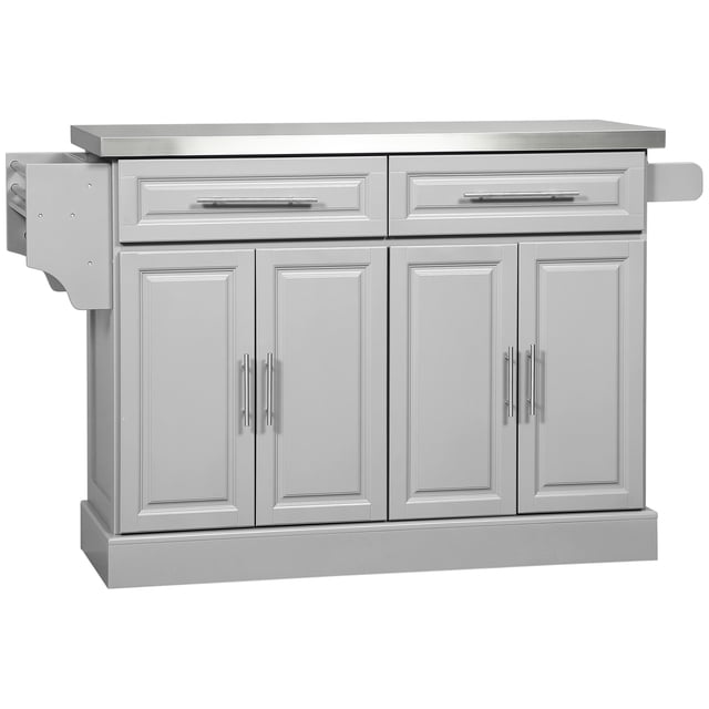 HOMCOM Kitchen Island with Stainless Steel Top, featuring a heat-resistant and durable surface, grey finish, two drawers, and two cabinets for flexible storage. Includes a spice rack, towel rack, knife rack, and wooden handles on both sides. Portable design with smooth rolling wheels, ideal for kitchen organization and decor.