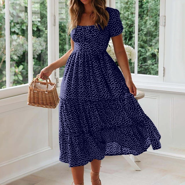 SMihono Robe d'Été pour Grande Taille pour Femme Mode Women Été Casual à Col Carré Imprimé à Manches Courtes Robe Ample
