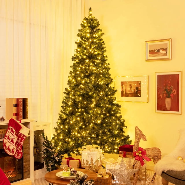 Gymax 8 FT Pre-Lit Artificial Christmas Tree Hinged Xmas Tree w/ 1498 Branch Tips & 880 LED Lights