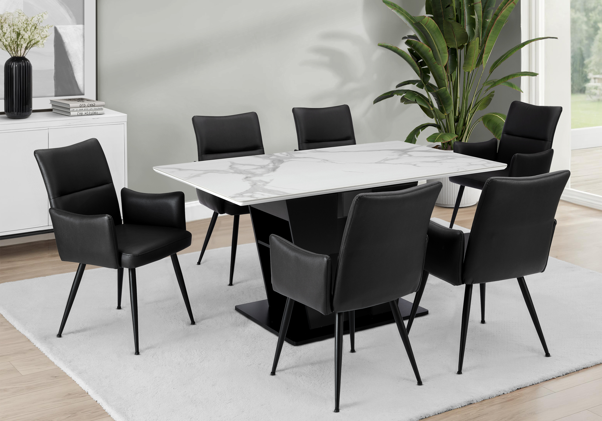 Monarch Specialties - Table A Manger, 60" Rectangulaire, Plateau En Pierre Frittée, Salle À Manger, Cuisine, Pierre Blanche, Stratifié Noir, Contemporain, Moderne