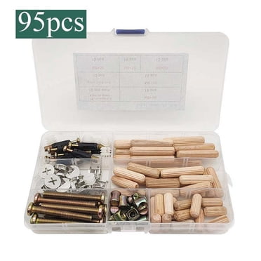 KAKOWELY 95 Pcs Crib Screws Assortment Set Double Beds Hardware Replacement Kit Bolts Barrel Nuts And Wooden Dowels Hexagonal Socket Head Cap Screws Nuts For Headboards Furniture,6.69X"X3.74"X0.91"