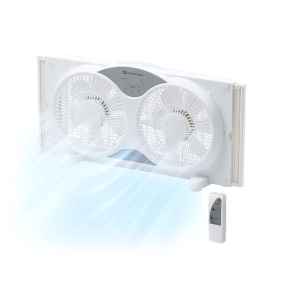 Comfort Zone Twin Window Fan with Remote Control, Removable Cover, Reversible, 9 inch, 3 Speed, 3 Function, Expandable, Exhaust, Airflow 8.40 ft/sec,