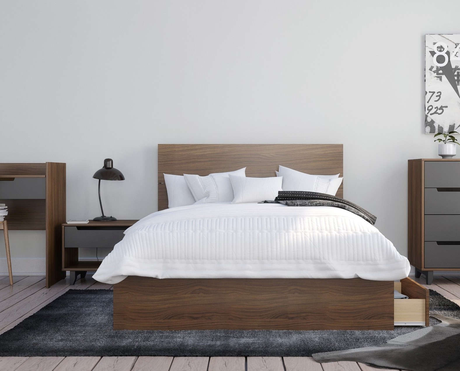 Nexera Ensemble de Chambre 3 Pcs avec Cadre de Lit, Brun, Complet