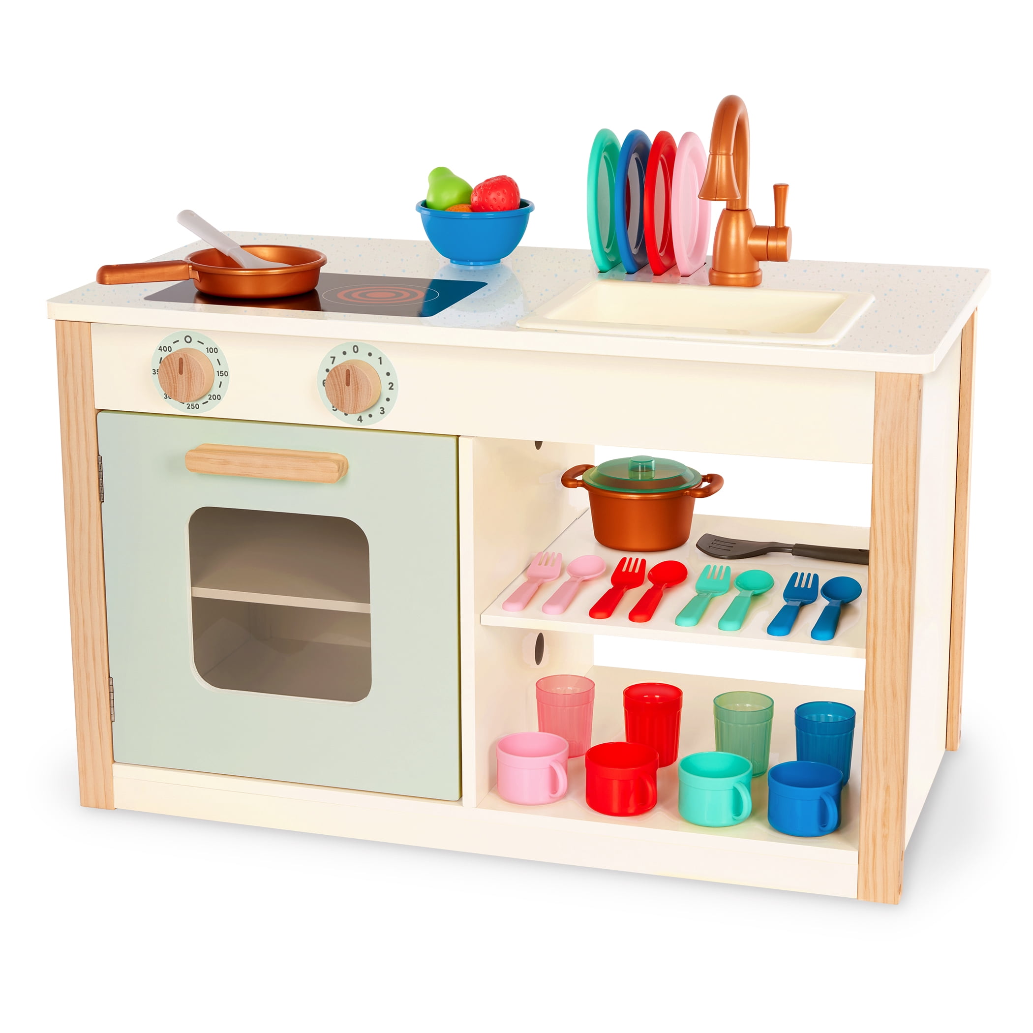 Two in One Wooden Kitchen Café with Dishes and Chalkboard, Toddler and Preschool Toys by Battat