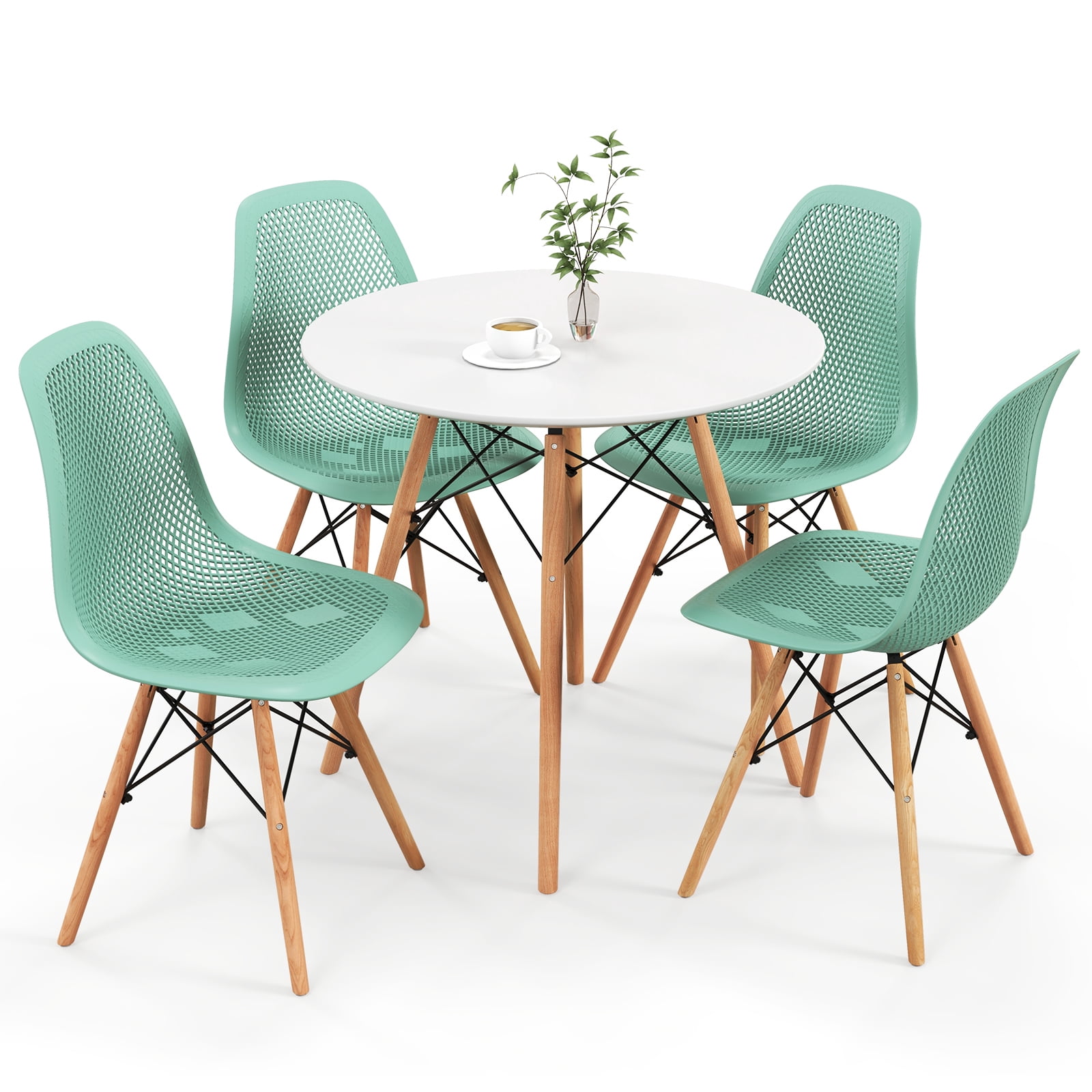 Costway Ensemble de Salle à Manger 5 Pcs pour 4 Personnes Table Ronde Moderne et 4 Chaises avec Pied en Bois Vert