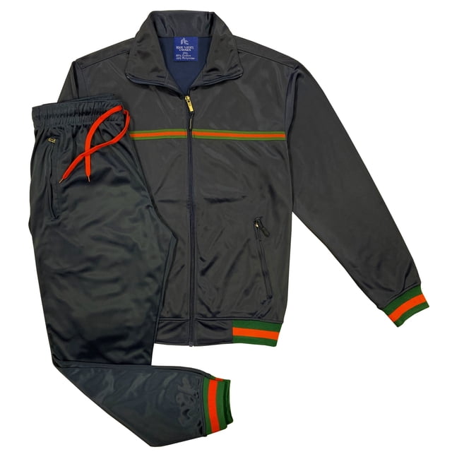 Men's StarLight Active Fashion Stripe Jogger Track Jacket & Trackpants 2 Piece Set. This tracksuit features a black full-zip track jacket with green and red stripe accents, zippered side pockets, and a stand collar. The matching jogger pants include a drawstring waistband and green and red striped cuffs. Made from comfortable, flexible material, it is ideal for gym workouts, casual outings, or retro-themed events.