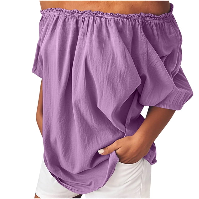 Women's Off Shoulder Top Ruffle Short Sleeve Cotton Linen Blouse Summer Casual Loose Shirts