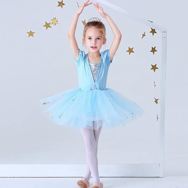 Justaucorps pour Filles, Danse Ballet, Robe Tutu à Jupe, Manches Courtes, Tenue de Danse, Robe de Princesse Elsa (avec Cape)