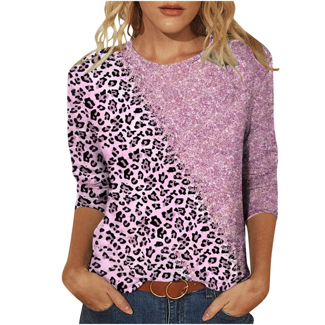 Pompotops T-shirt Ample à Imprimé Léopard pour Femme, Manches 3/4, Col Rond, Haut Décontracté, Liquidation