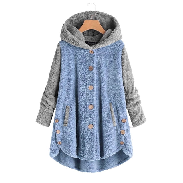 LSLJS Women's Winter Plush Solid Color Hooded Sweatshirts Button Long Sleeve Split Round Neck Comfortable Pajamas Coat