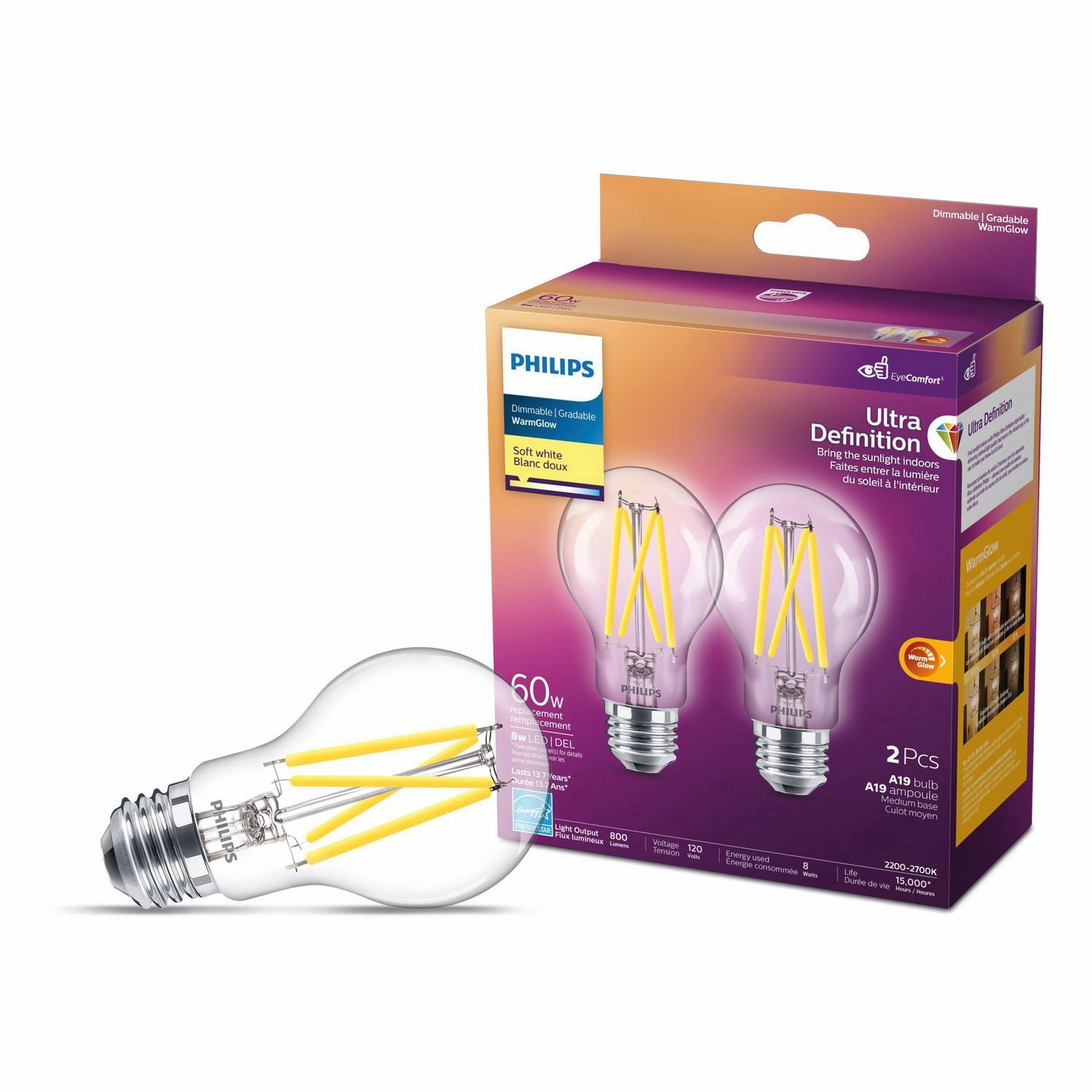 Philips 60-Watt Equivalent A19 Filament Ultra Definition Dimmable LED bulb, Soft White WarmGlow (2-Pack)