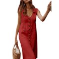 thumbnail image 1 of MAWCLOS Ladies Midi Dresses With Pockets T Shirt Dress Summer Sundress Simple Holiday V Neck Red L, 1 of 2