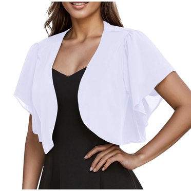 Womens Cropped Shrug Cardigans Chiffon Lightweight Open Front Bolero Cardigan Sheer Short Sleeve Shrugs for Dress White, L