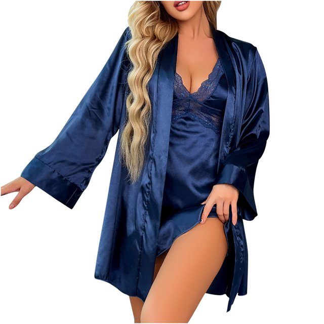 Yuyuzo Ensembles de Pyjamas en Satin pour Femmes, Cardigans à devant Ouvert avec Ceinture et Dentelle, Robe de Nuit à Col en V Profond, Peignoirs